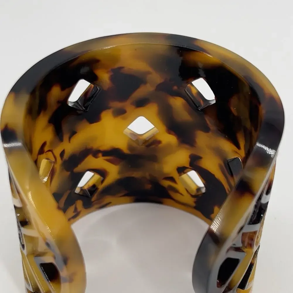 Tory Burch Logo Tortoise Resin Wide Cuff Bracelet Brown Amber Cutout Statement